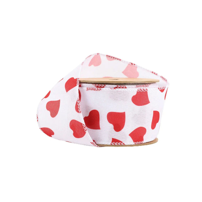 2 1/2" Wired Ribbon | White w/ Red Heart LaRibbons and Crafts