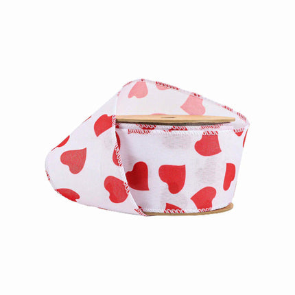 White wired ribbon w/ bold red hearts; red stitched edges, rolled on spool.
