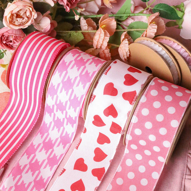 2 1/2" Wired Ribbon | Pink/White Herringbone | 10 Yard Roll LaRibbons and Crafts