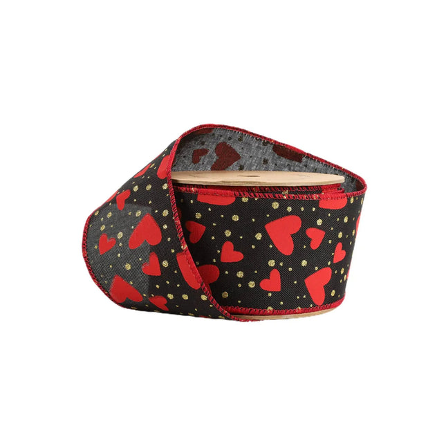 2 1/2" Wired Ribbon | Black w/ Red Hearts/Gold Sparkles | 10 Yard Roll LaRibbons and Crafts
