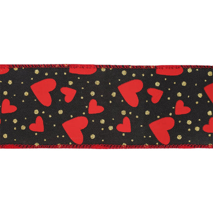 2 1/2" Wired Ribbon | Black w/ Red Hearts/Gold Sparkles | 10 Yard Roll LaRibbons and Crafts