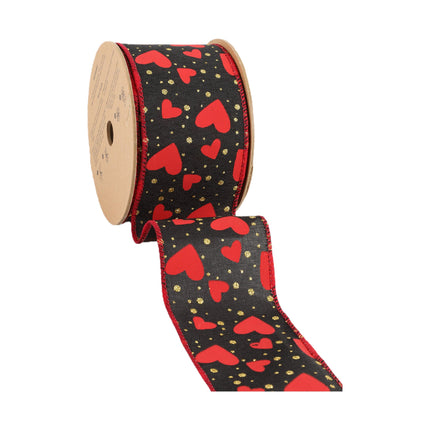 2 1/2" Wired Ribbon | Black w/ Red Hearts/Gold Sparkles | 10 Yard Roll LaRibbons and Crafts