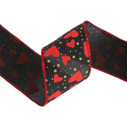 2 1/2" Wired Ribbon | Black w/ Red Hearts/Gold Sparkles | 10 Yard Roll LaRibbons and Crafts