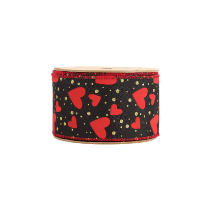 2 1/2" Wired Ribbon | Black w/ Red Hearts/Gold Sparkles | 10 Yard Roll LaRibbons and Crafts