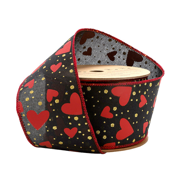 2 1/2" Wired Ribbon | Black w/ Red Hearts/Gold Sparkles | 10 Yard Roll