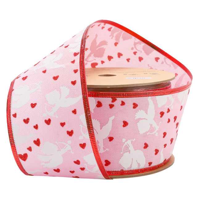 2 1/2" Wired Ribbon | Pink w/ White Cupids/ Red Glitter Hearts | 10 Yard Roll LaRibbons and Crafts