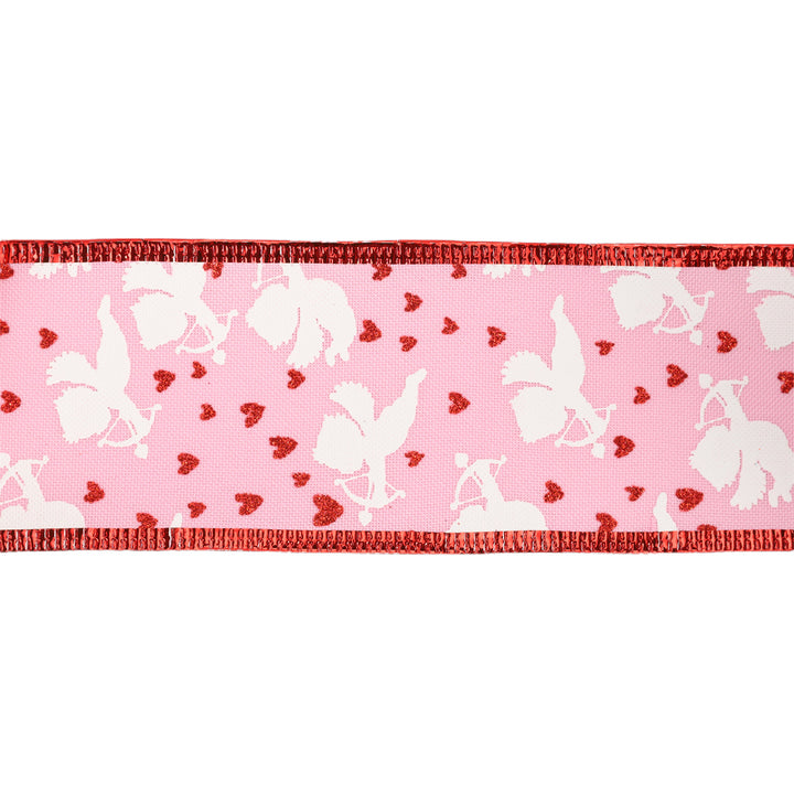 2 1/2" Wired Ribbon | Pink w/ White Cupids/ Red Glitter Hearts | 10 Yard Roll