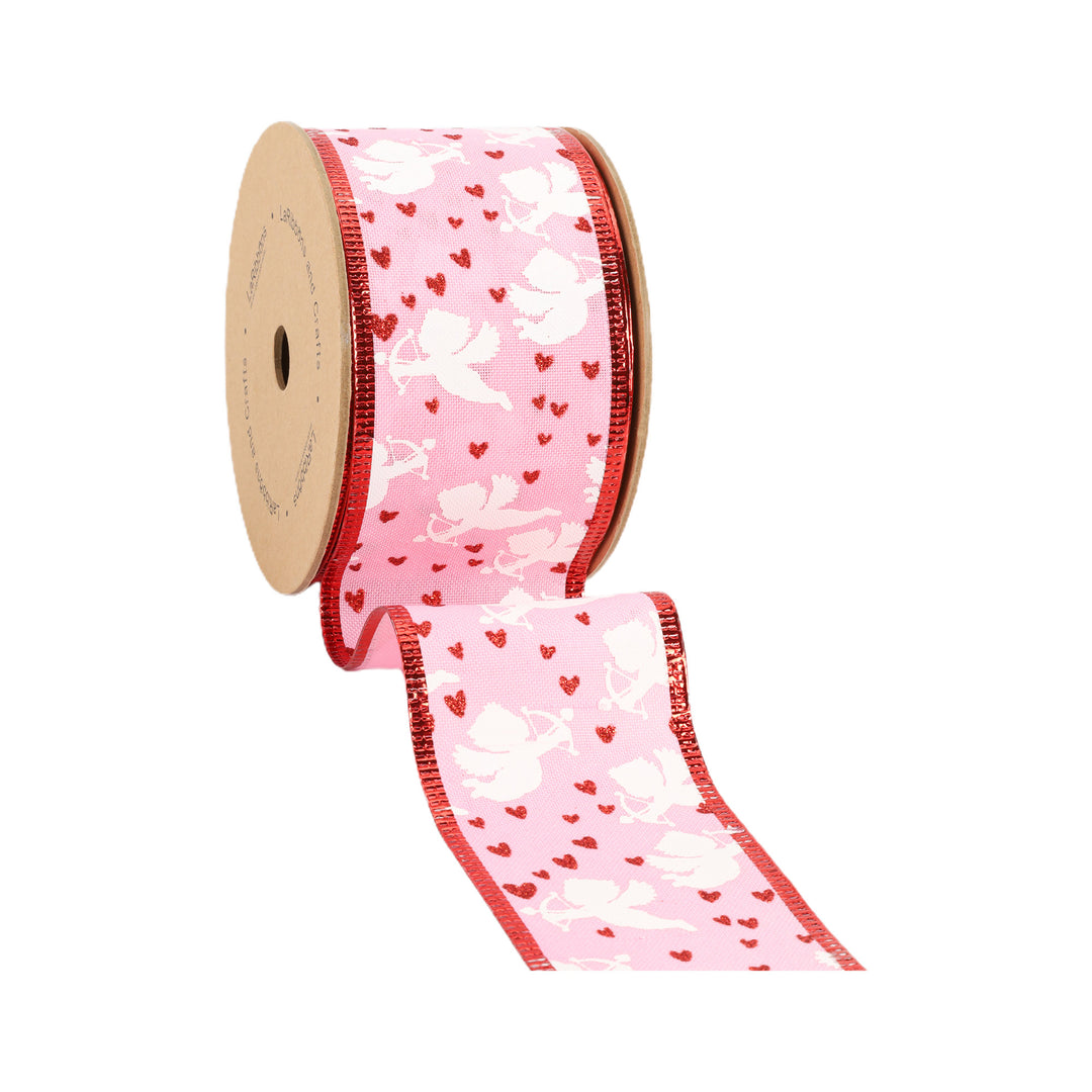 2 1/2" Wired Ribbon | Pink w/ White Cupids/ Red Glitter Hearts | 10 Yard Roll