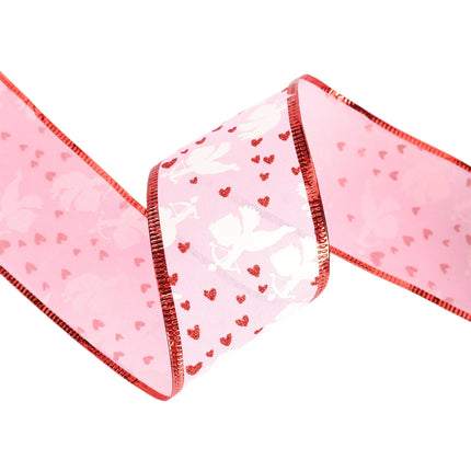 2 1/2" Wired Ribbon | Pink w/ White Cupids/ Red Glitter Hearts | 10 Yard Roll LaRibbons and Crafts