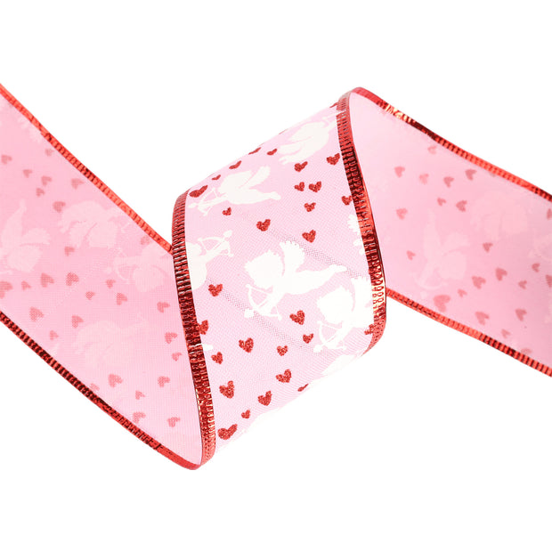 2 1/2" Wired Ribbon | Pink w/ White Cupids/ Red Glitter Hearts | 10 Yard Roll