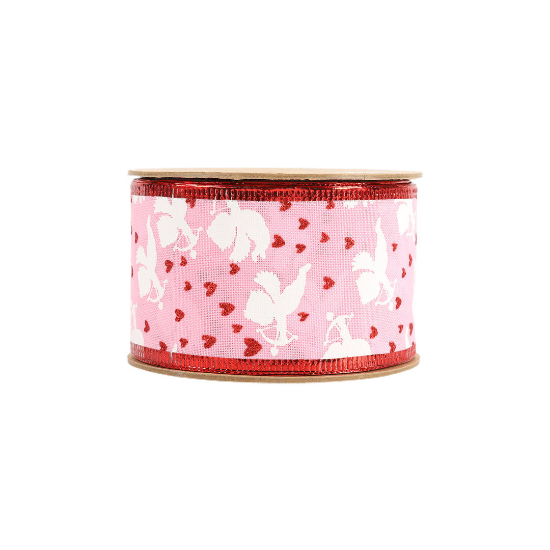 2 1/2" Wired Ribbon | Pink w/ White Cupids/ Red Glitter Hearts | 10 Yard Roll