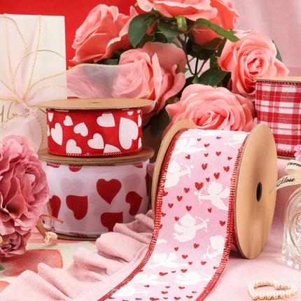2 1/2" Wired Ribbon | Pink w/ White Cupids/ Red Glitter Hearts | 10 Yard Roll LaRibbons and Crafts