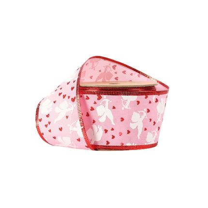 2 1/2" Wired Ribbon | Pink w/ White Cupids/ Red Glitter Hearts | 10 Yard Roll LaRibbons and Crafts