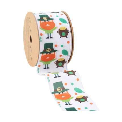 2 1/2" Wired Ribbon | White w/ Leprechaun & Pot O'Gold | 10 Yard Roll LaRibbons and Crafts