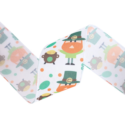 2 1/2" Wired Ribbon | White w/ Leprechaun & Pot O'Gold | 10 Yard Roll LaRibbons and Crafts