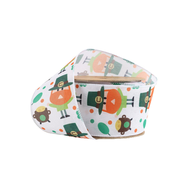 2 1/2" Wired Ribbon | White w/ Leprechaun & Pot O'Gold | 10 Yard Roll LaRibbons and Crafts