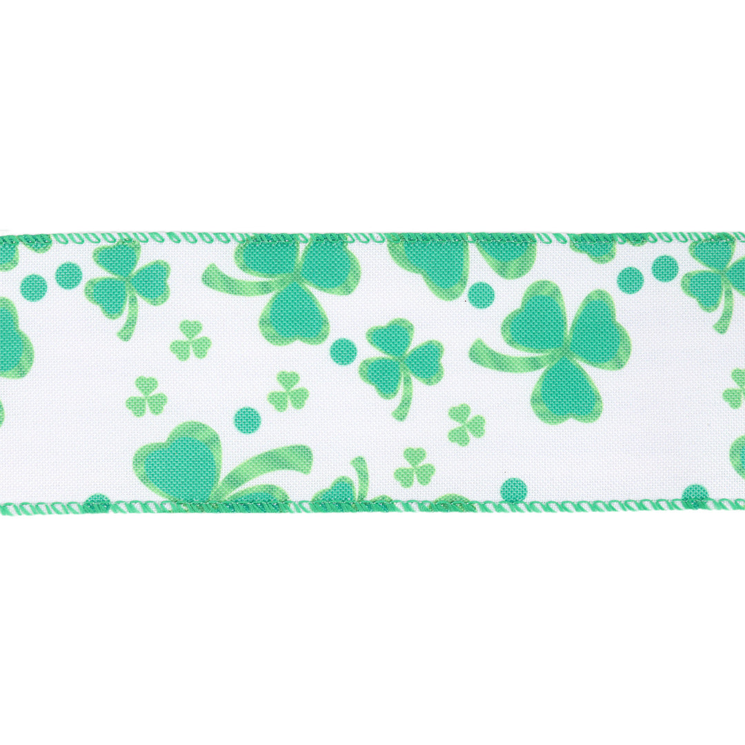 2 1/2" Wired Ribbon | White w/ Shamrock | 10 Yard Roll