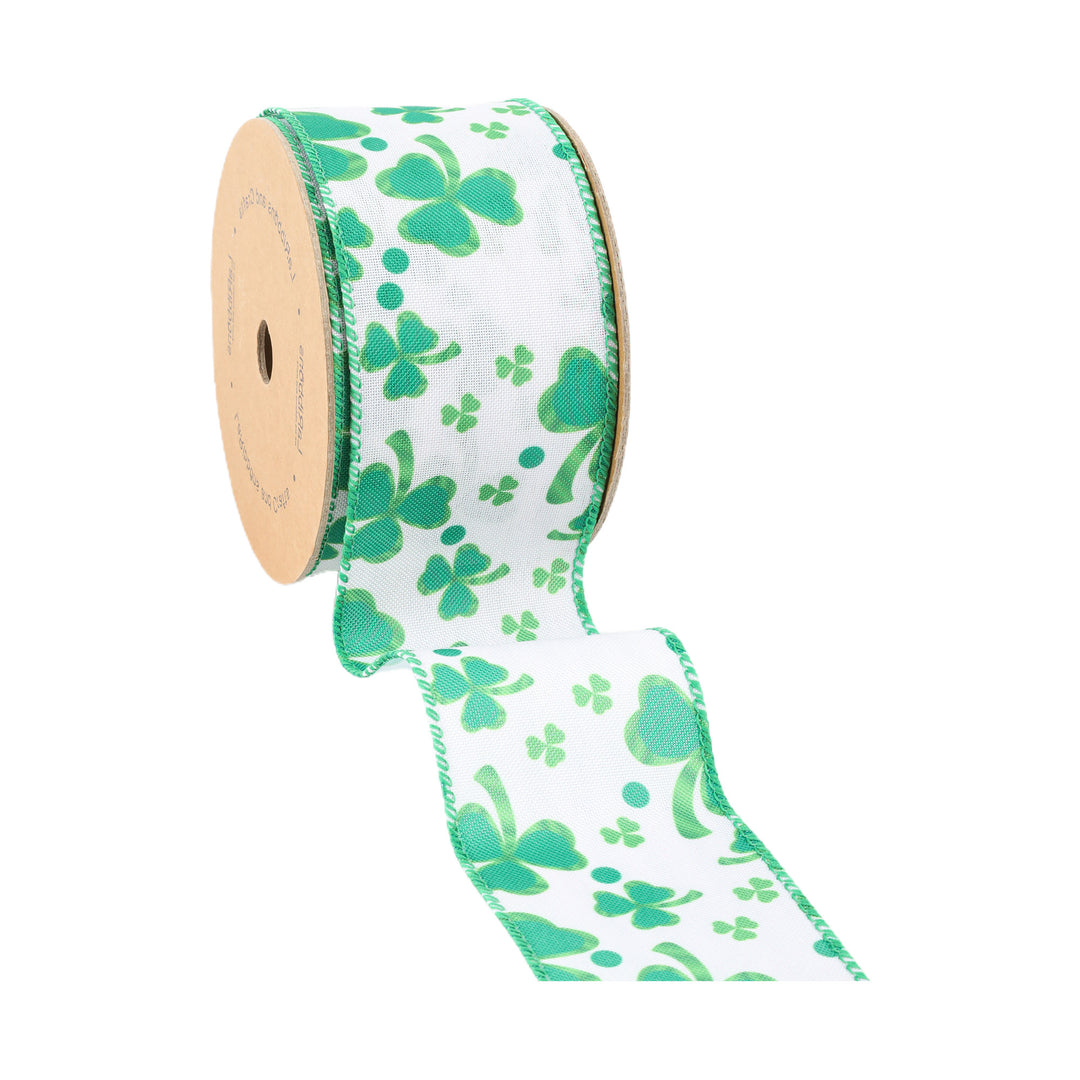 2 1/2" Wired Ribbon | White w/ Shamrock | 10 Yard Roll