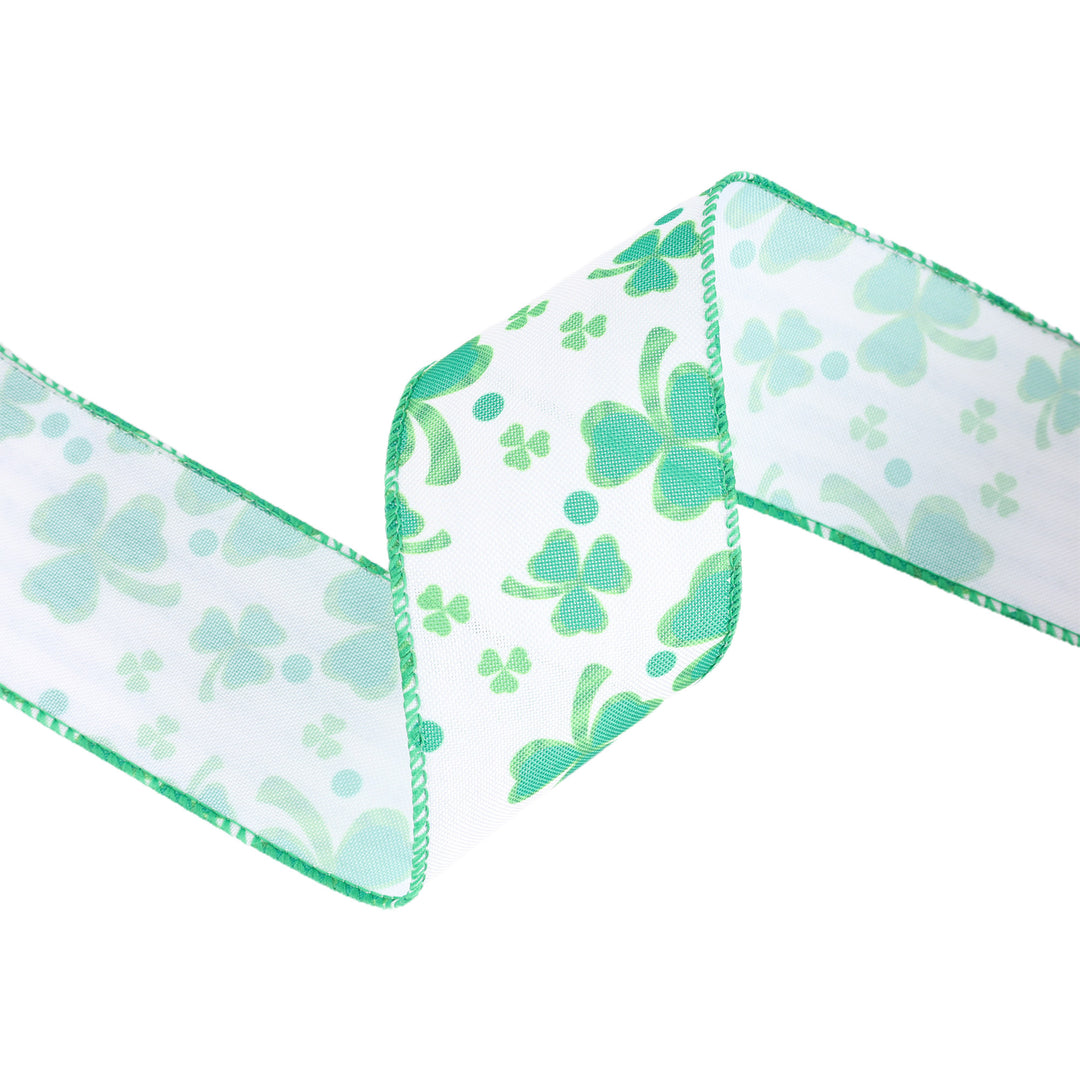 2 1/2" Wired Ribbon | White w/ Shamrock | 10 Yard Roll