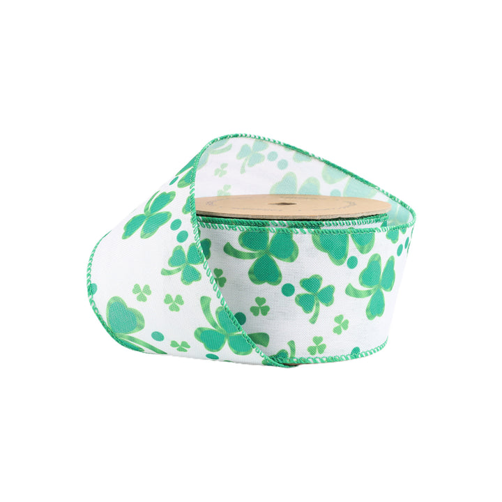 2 1/2" Wired Ribbon | White w/ Shamrock | 10 Yard Roll