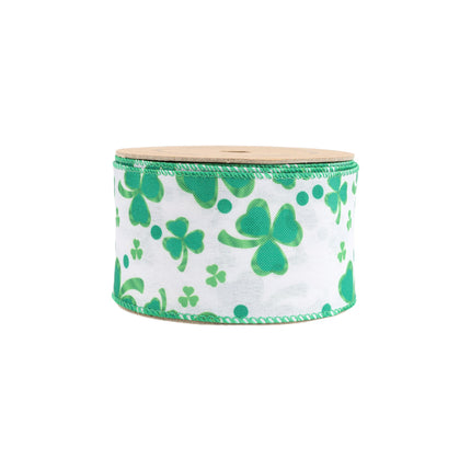 2 1/2" Wired Ribbon | White w/ Shamrock | 10 Yard Roll LaRibbons and Crafts