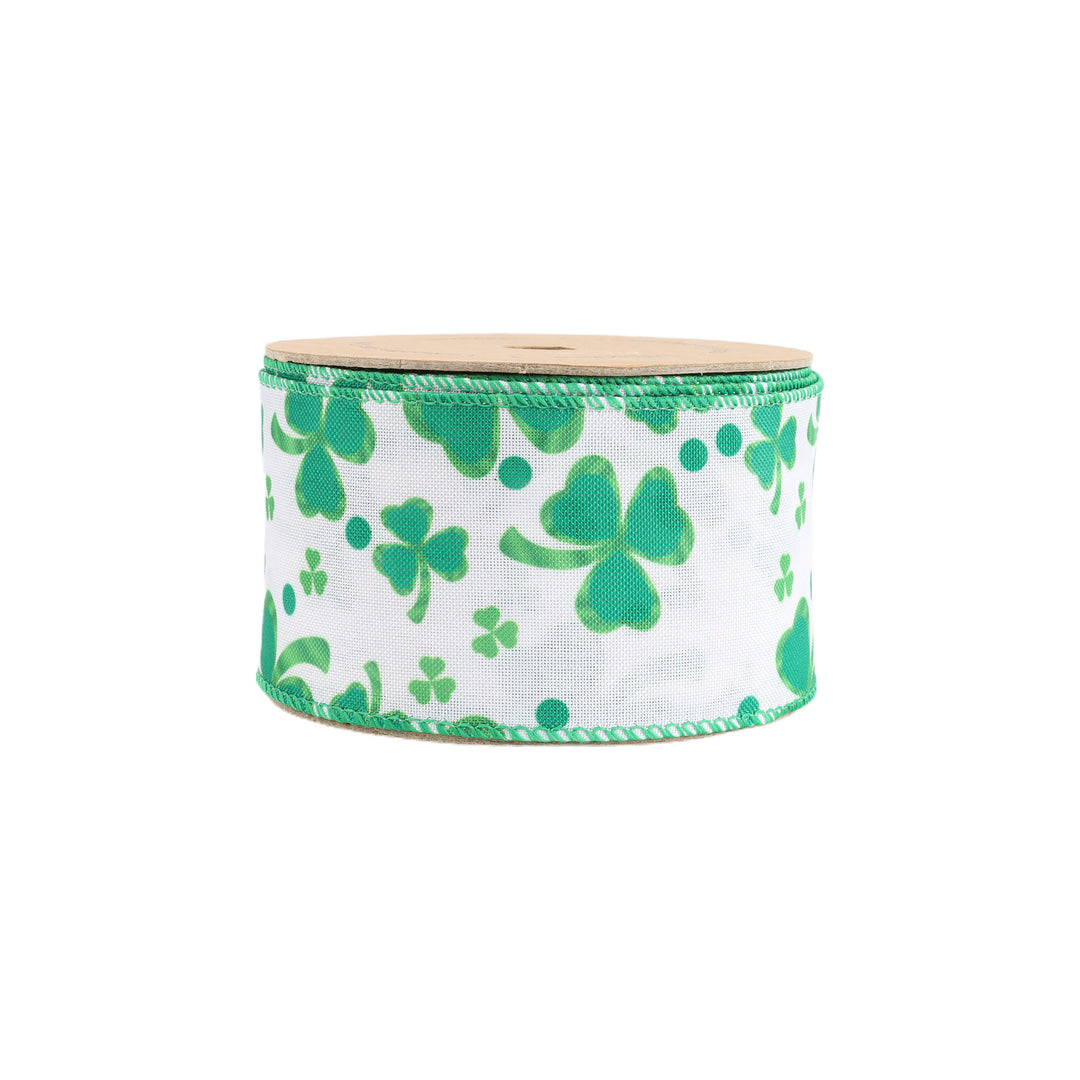 2 1/2" Wired Ribbon | White w/ Shamrock | 10 Yard Roll