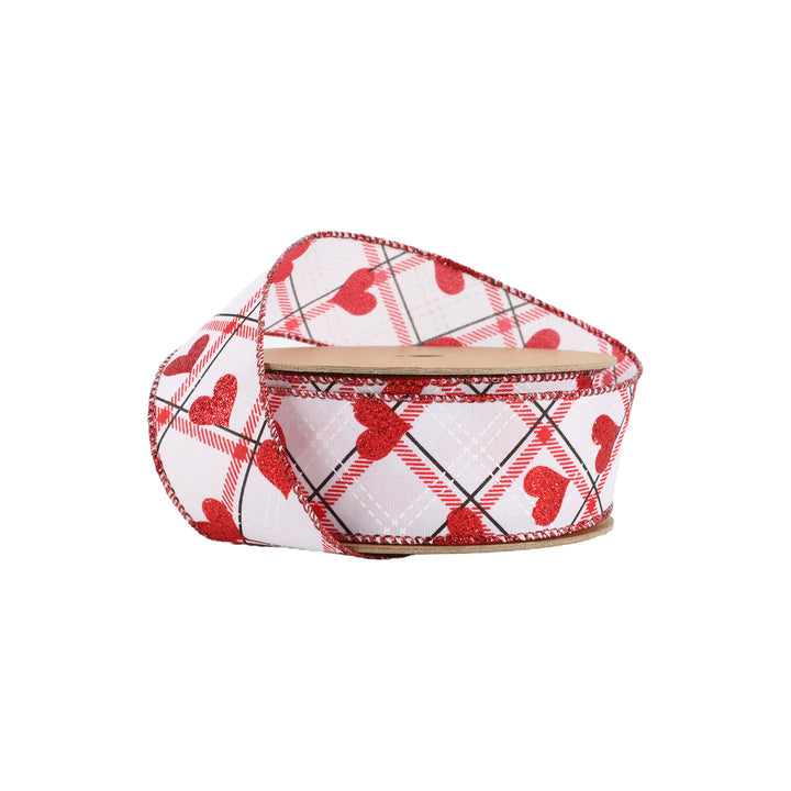 Wired Ribbon | White w/ Red Glitter Heart on Bias Plaid | 10 Yard Roll