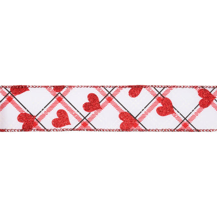 Wired Ribbon | White w/ Red Glitter Heart on Bias Plaid | 10 Yard Roll LaRibbons and Crafts
