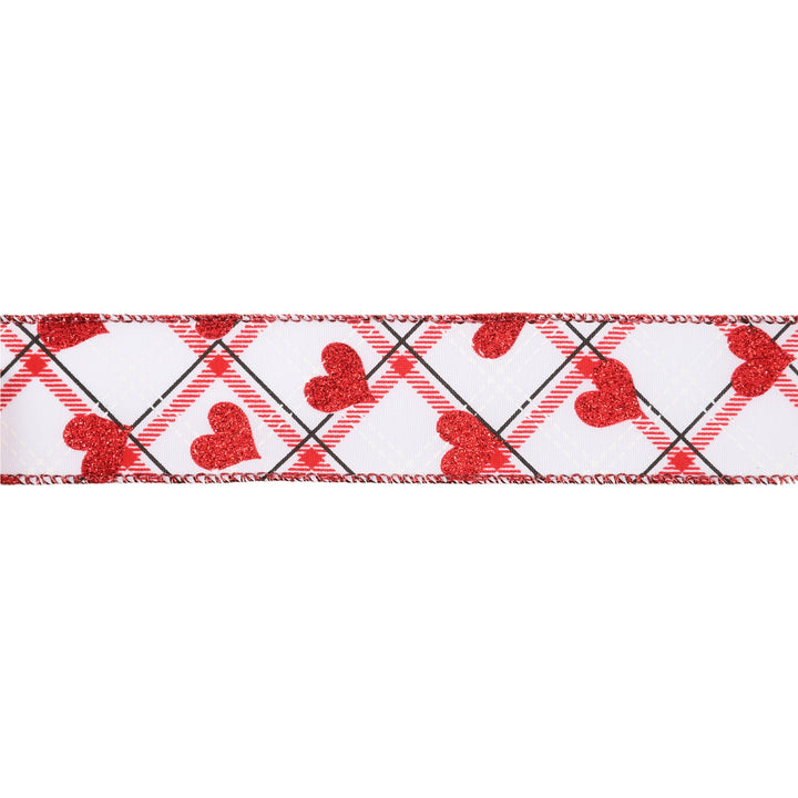 Wired Ribbon | White w/ Red Glitter Heart on Bias Plaid | 10 Yard Roll