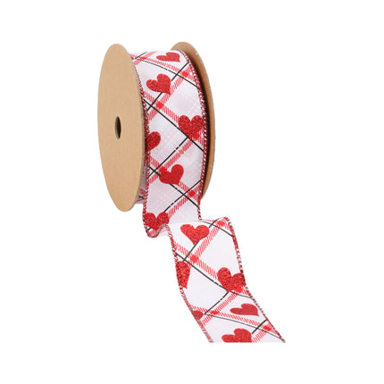 Wired Ribbon | White w/ Red Glitter Heart on Bias Plaid | 10 Yard Roll LaRibbons and Crafts