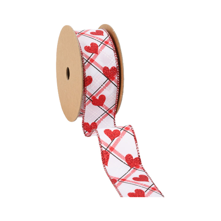 Wired Ribbon | White w/ Red Glitter Heart on Bias Plaid | 10 Yard Roll