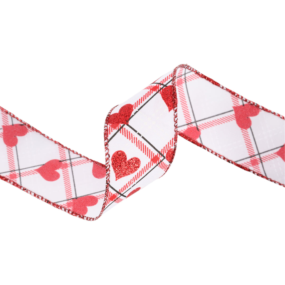 Wired Ribbon | White w/ Red Glitter Heart on Bias Plaid | 10 Yard Roll