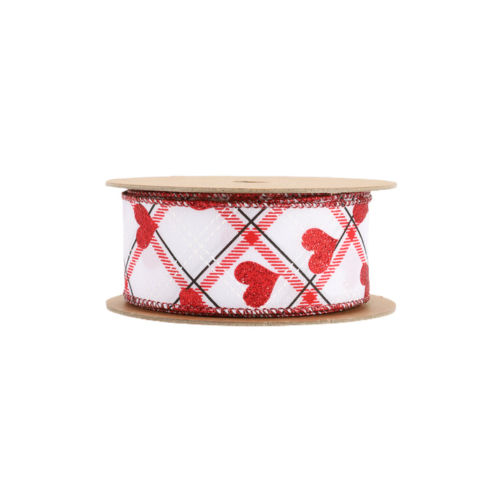 Wired Ribbon | White w/ Red Glitter Heart on Bias Plaid | 10 Yard Roll