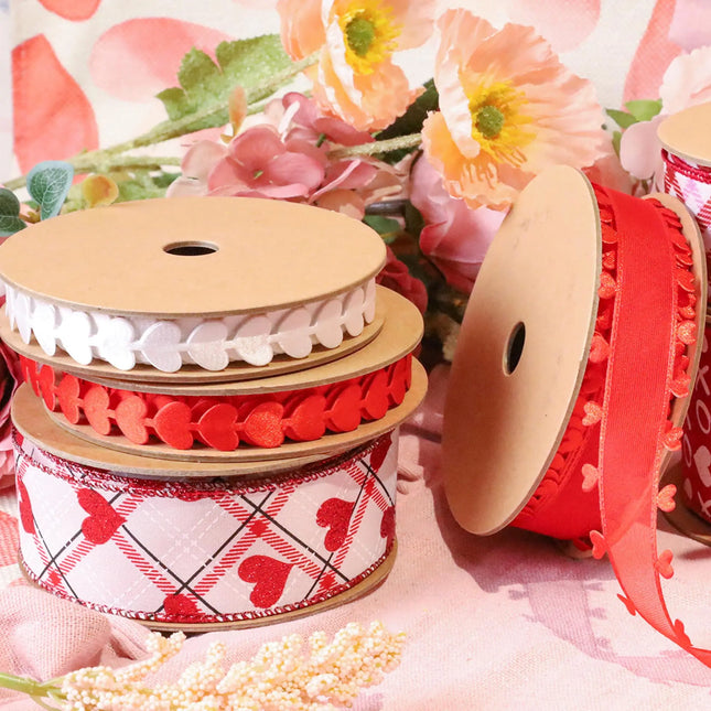 Wired Ribbon | White w/ Red Glitter Heart on Bias Plaid | 10 Yard Roll LaRibbons and Crafts