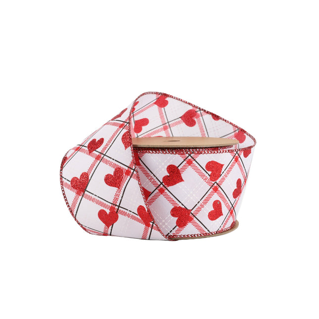 Wired Ribbon | White w/ Red Glitter Heart on Bias Plaid | 10 Yard Roll LaRibbons and Crafts