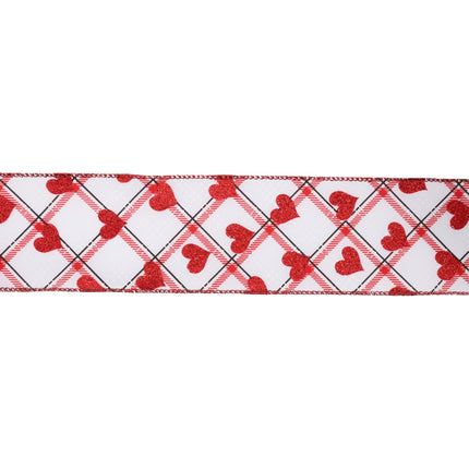 Wired Ribbon | White w/ Red Glitter Heart on Bias Plaid | 10 Yard Roll LaRibbons and Crafts