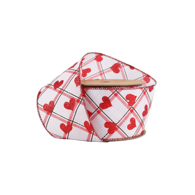 Wired Ribbon | White w/ Red Glitter Heart on Bias Plaid | 10 Yard Roll