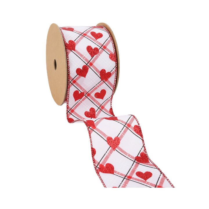 Wired Ribbon | White w/ Red Glitter Heart on Bias Plaid | 10 Yard Roll