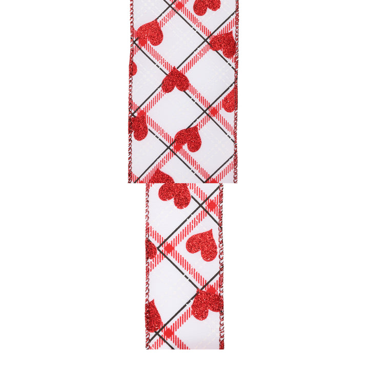 Wired Ribbon | White w/ Red Glitter Heart on Bias Plaid | 10 Yard Roll