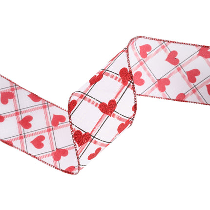 Wired Ribbon | White w/ Red Glitter Heart on Bias Plaid | 10 Yard Roll LaRibbons and Crafts