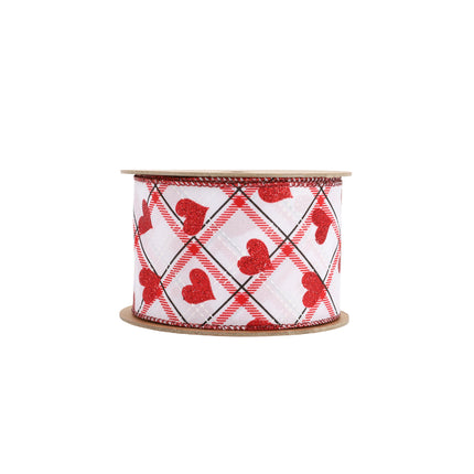 Wired Ribbon | White w/ Red Glitter Heart on Bias Plaid | 10 Yard Roll LaRibbons and Crafts
