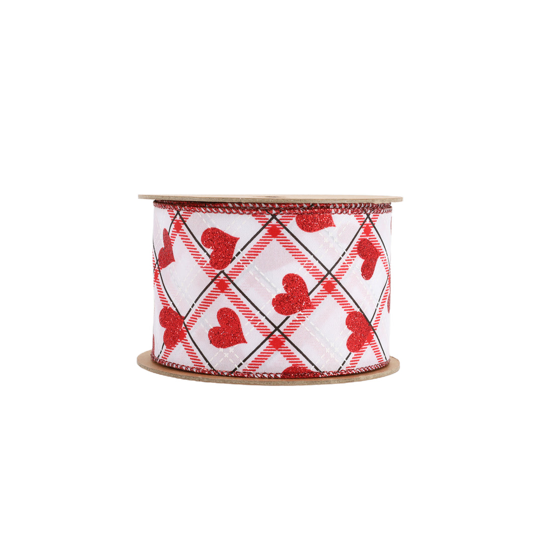 Wired Ribbon | White w/ Red Glitter Heart on Bias Plaid | 10 Yard Roll