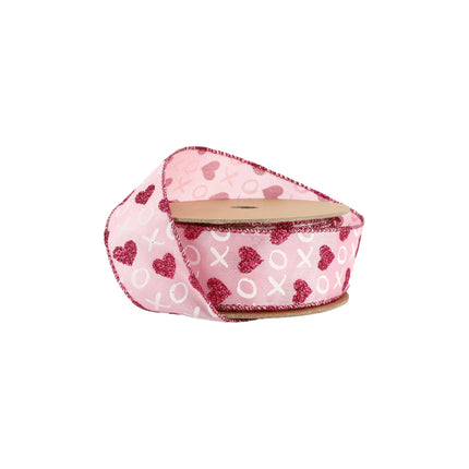 Wired Ribbon | Pink w/ Red Glitter Heart & White XO | 10 Yard Roll LaRibbons and Crafts