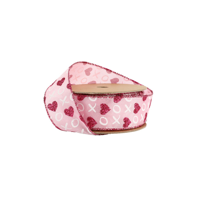 Wired Ribbon | Pink w/ Red Glitter Heart & White XO | 10 Yard Roll LaRibbons and Crafts