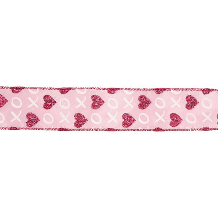 Wired Ribbon | Pink w/ Red Glitter Heart & White XO | 10 Yard Roll LaRibbons and Crafts