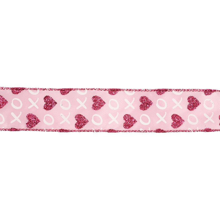 Wired Ribbon | Pink w/ Red Glitter Heart & White XO | 10 Yard Roll