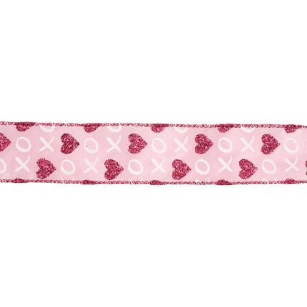 Wide pink wired ribbon: dense red glitter hearts & white XO, red trimmed edges.