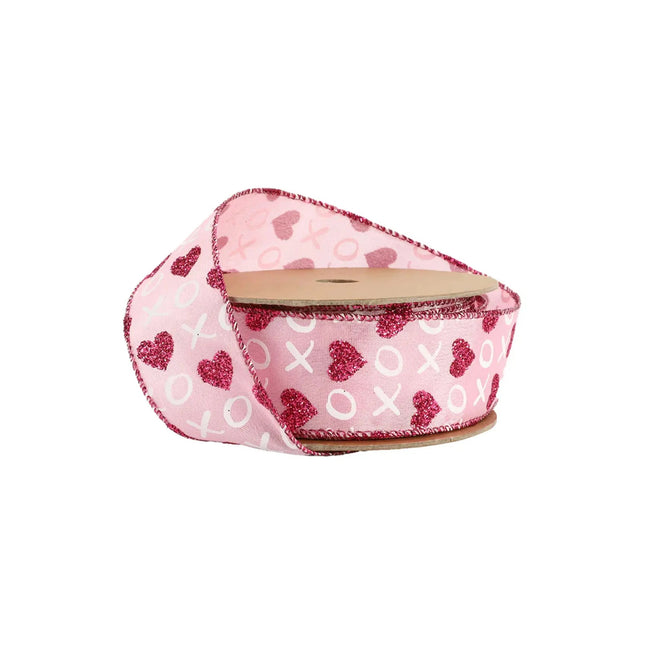 Wired Ribbon | Pink w/ Red Glitter Heart & White XO | 10 Yard Roll LaRibbons and Crafts