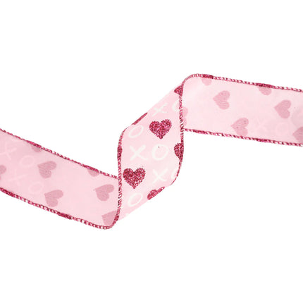 Pink wired ribbon: front (glitter hearts/XO); back (pale hearts), red trimmed edges.