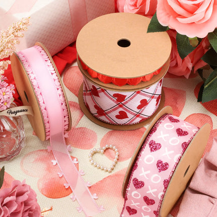 Wired Ribbon | Pink w/ Red Glitter Heart & White XO | 10 Yard Roll LaRibbons and Crafts
